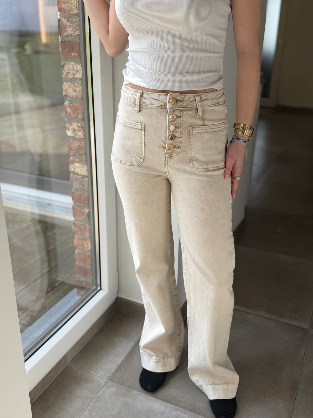 Jeans beige poches plaquées