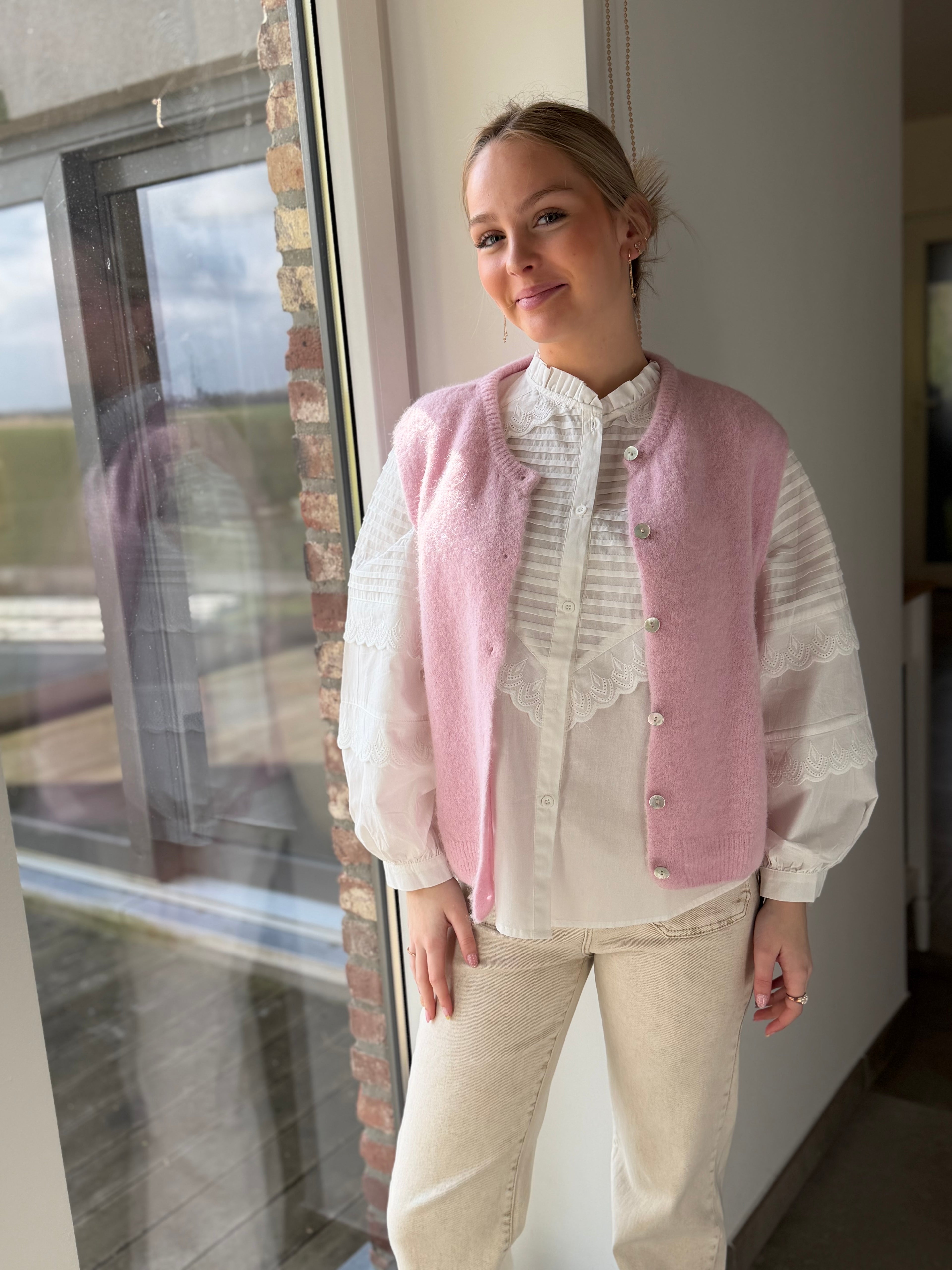 Gilet rose clair boutons nacrés – Taille unique